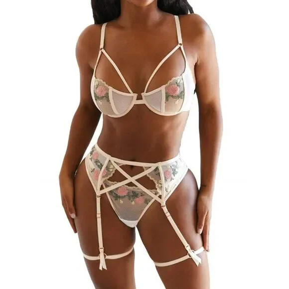 3 Piece Sexy Lingerie Garter Set, White
